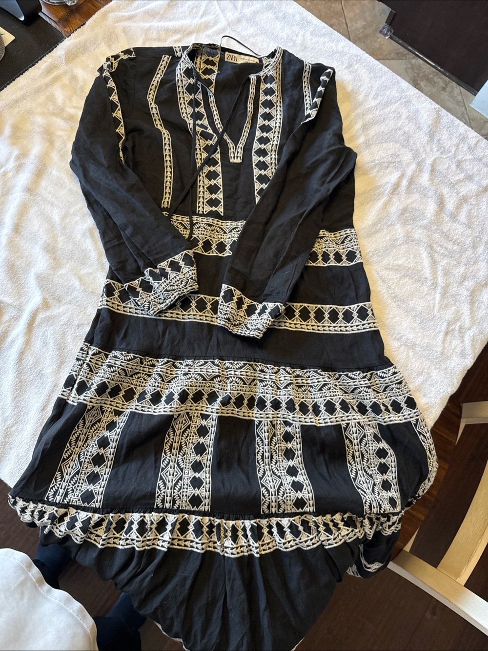 Zara Black Maxi Dress with White Embroidered Trim